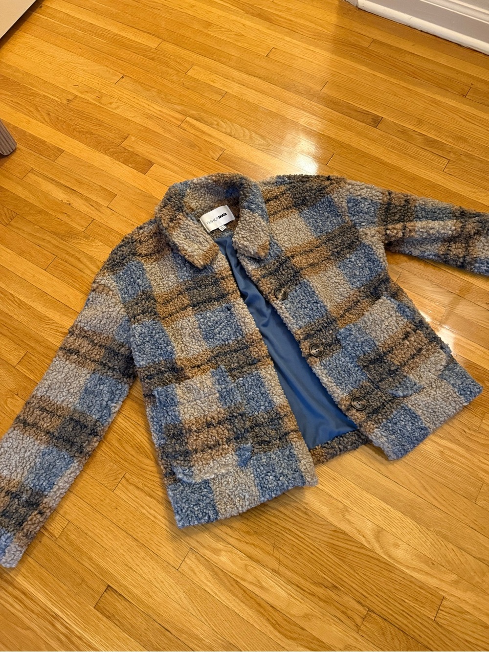 Fashion Nova Blue & Brown Plaid Teddy Jacket
